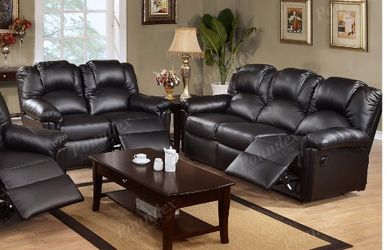 Brand new black bonded reclining sofa + loveseat