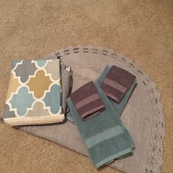 2 Shower Curtains , Big Rug and Towels 