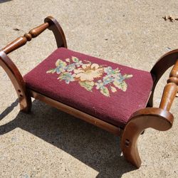 Antique Wooden Needlepoint Footstool