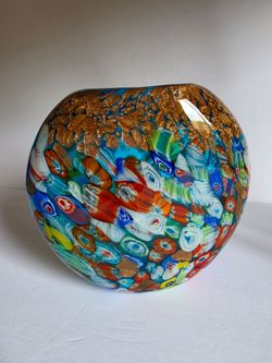 Murano Milleriori Style Art Glass Vase 7.5” Round Flat Blue Multicolor, Lovely!