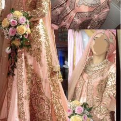 Pink Peach Gold Embroidery Crystals Wedding Engagement Henna Dress With Veil 