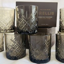 Pottery Barn Trellis Etched Double Old Fashioned Smoke Glass Collection, 8 pc, New in Boxes 11.5oz  