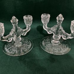 Matched Pair/Embossed Pressed Glass Double Candelabras