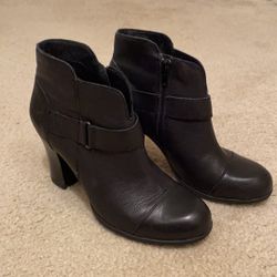 BORN leather boots booties with strap & wood heel