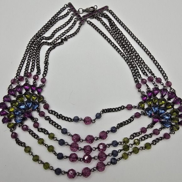 Whimsigoth Statement Necklace Gunmetal Rhinestones Peacock Fashion Jewelry
