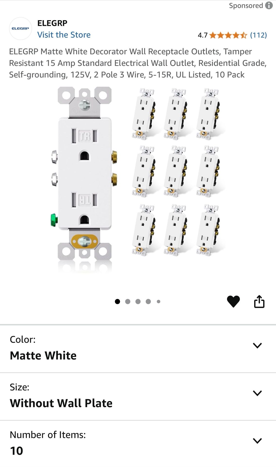 ELEGRP Matte White Decorator Wall Receptacle Outlets, Tamper Resistant