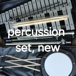 Brand New Percussion Set, Bells, Practice Pad, Stand, Music Rest, Sticks, Mallets And Case 