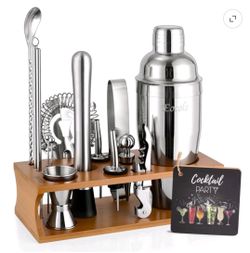 Cocktail Shaker Set Bartender Kit with Stand Bar Tool Bar Set for Drink Mixing Home Bartending Kit Bar Cart Accessories: Martini Shaker Mixer Spoon Ji