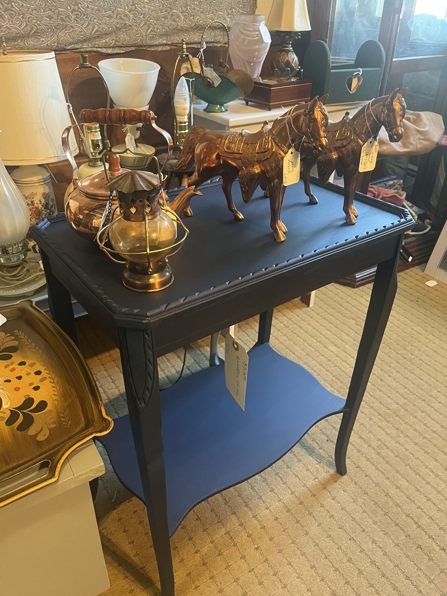 Refurbished Blue Solid Wood Vintage End Table