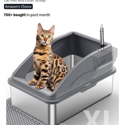Stainless Steel Litter Box, Extra Large Litter Boxes for Big Cats, XL Metal Cat Litter Box with Lid, Anti-Urine Leakage, Non-Sticky, Include Cat Mat a