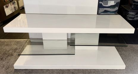 Modern White TV Stand with Glass Shelves