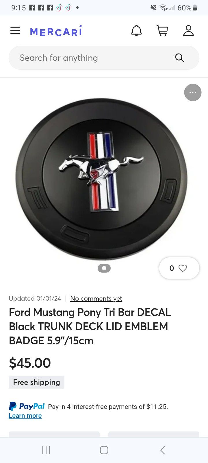 New Ford Mustang Pony DECAL Black TRUNK DECK LID EMBLEM BADGE 5.9"/15cm