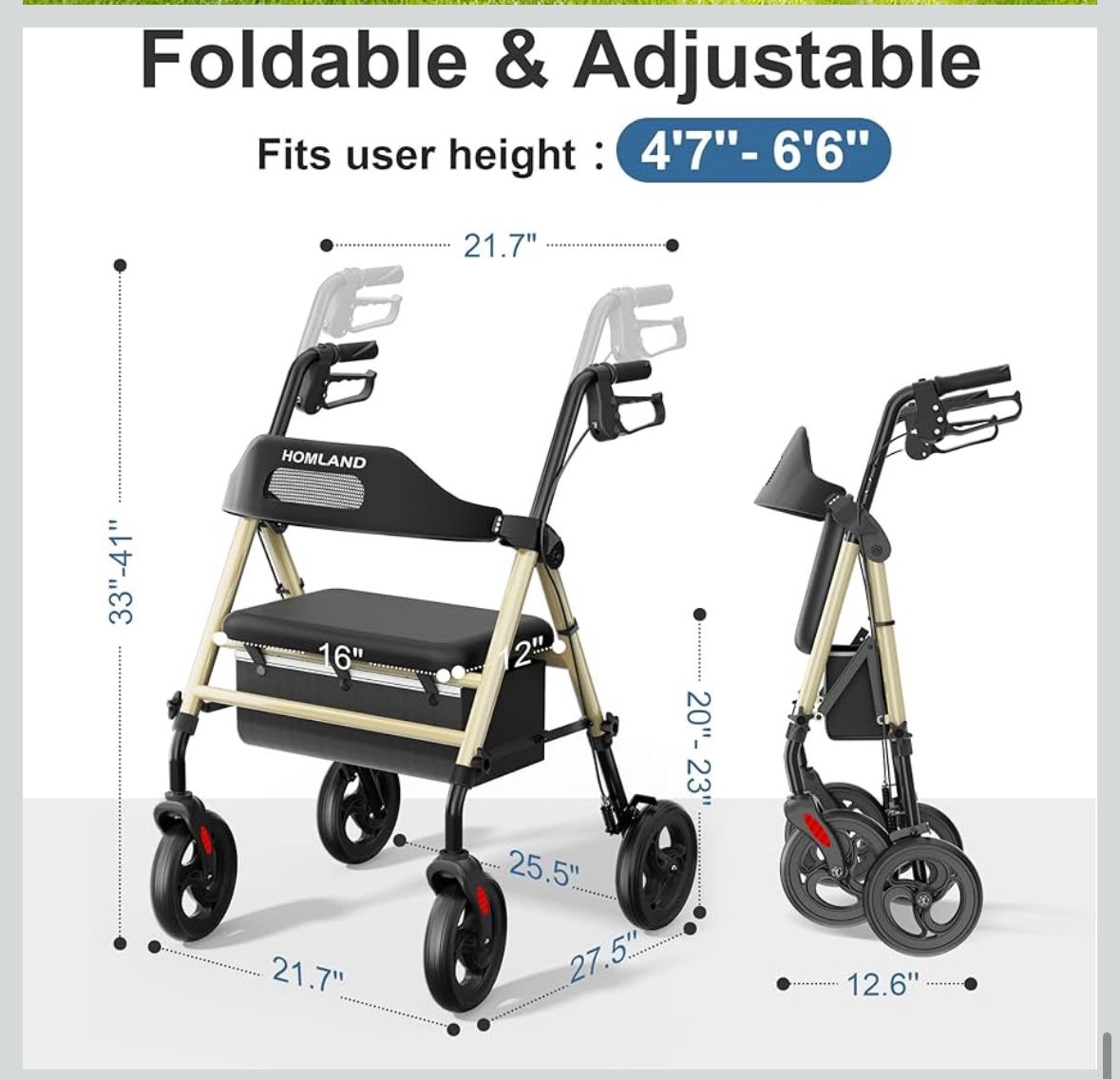 Foldable Rollator Walkers with Seat for Seniors, 8'' Big Wheels, 350 lb. Weight Capacity, Adjustable Handles and Seat Height, Lightweight Rolling Walk