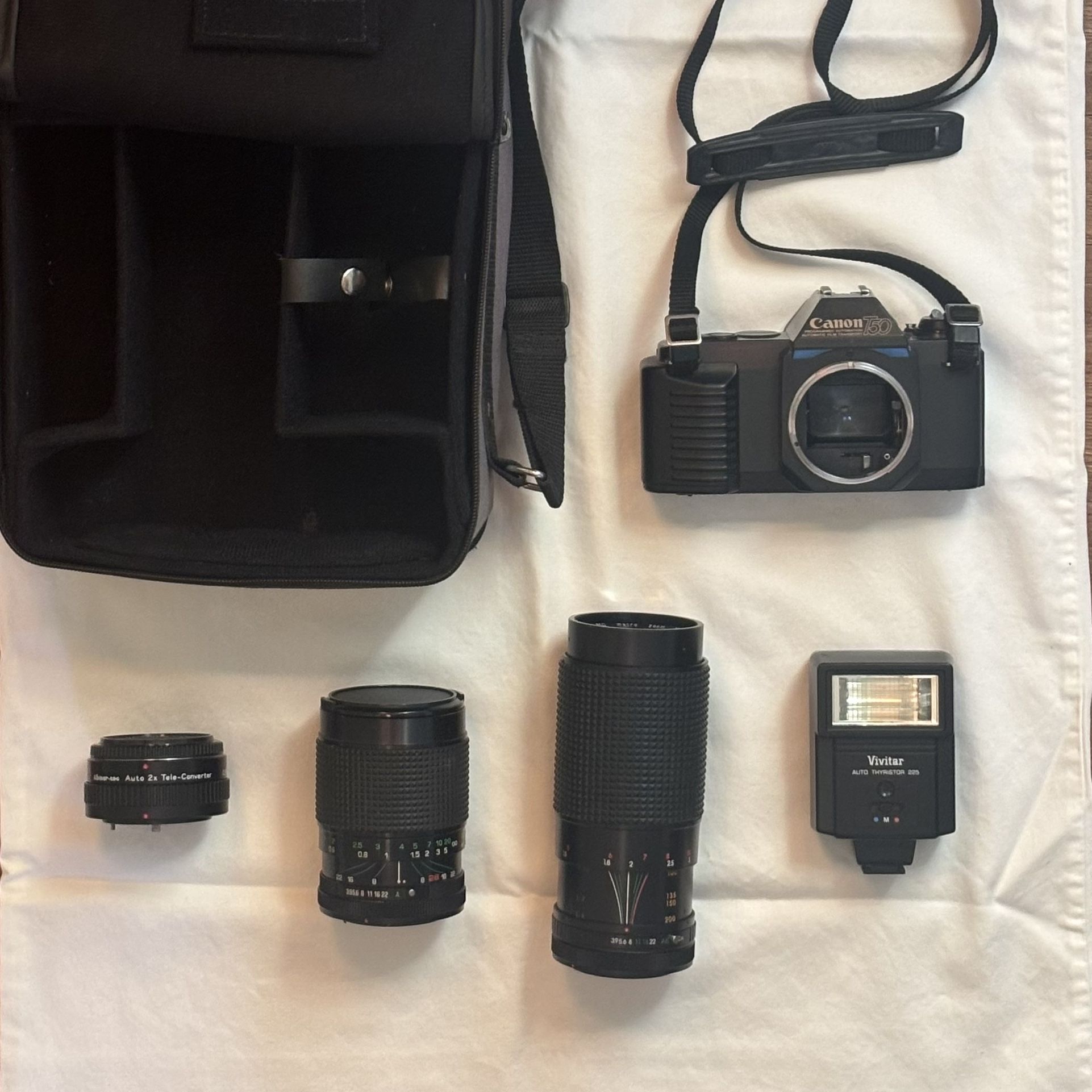Canon T50 35mm Film Camera Kit – 2 Lenses + Flash + Teleconverter + Bag (Complete Set)