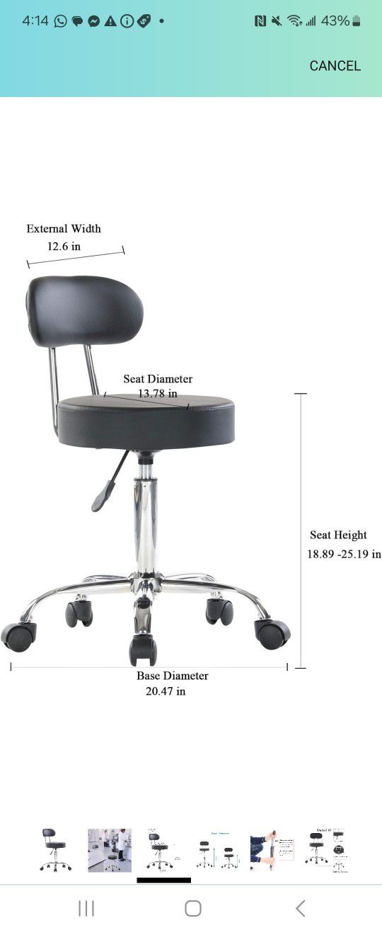 Artechworks Adjustable Rolling Swivel Massage Stool for Salon Spa Tattoo Facial Medical Office Chairs with Backrest Wheels and Metal Plate Frame Black