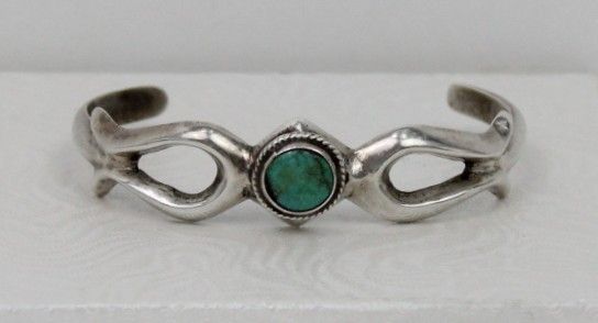 Old Pawn Navajo Sandcast Sterling and Turquoise Cuff Bracelet