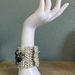 Wristband,crochet ,black , Greybeads.