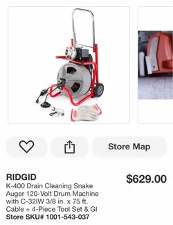 RIDGID K-400 Drain Cleaning Snake Auger 120-Volt Drum Machine with C-32IW 3/8 in. x 75 ft. Cable + 4-Piece Tool Set & Gl
