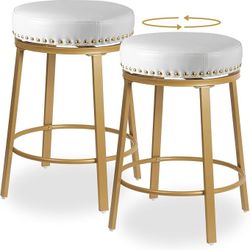 Set of 2 Mid-Century White Leather Swivel Bar Stools – Brand New