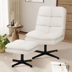 Swivel Accent Chair with Ottoman, Living Room Lounge Chair and Ottoman Set, Modern Reading Chair Criss Cross Legs, Comfy Leisure Velvet Fabric Lazy Ch