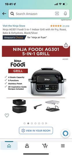 Ninja AG301 Foodi 5-in-1 Indoor Grill w/Air Fry Roast Bake & open