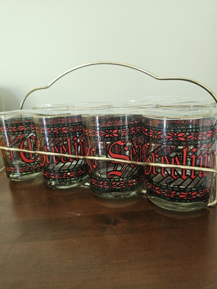 $45.00 - (8) Cocktail Glasses + Serving/Storage Gold Iron Caddy!  MidCentury "Houze" Christmas!  Lowest Price!!