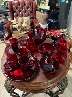 Vintage ruby red glass & blue glass wear sets