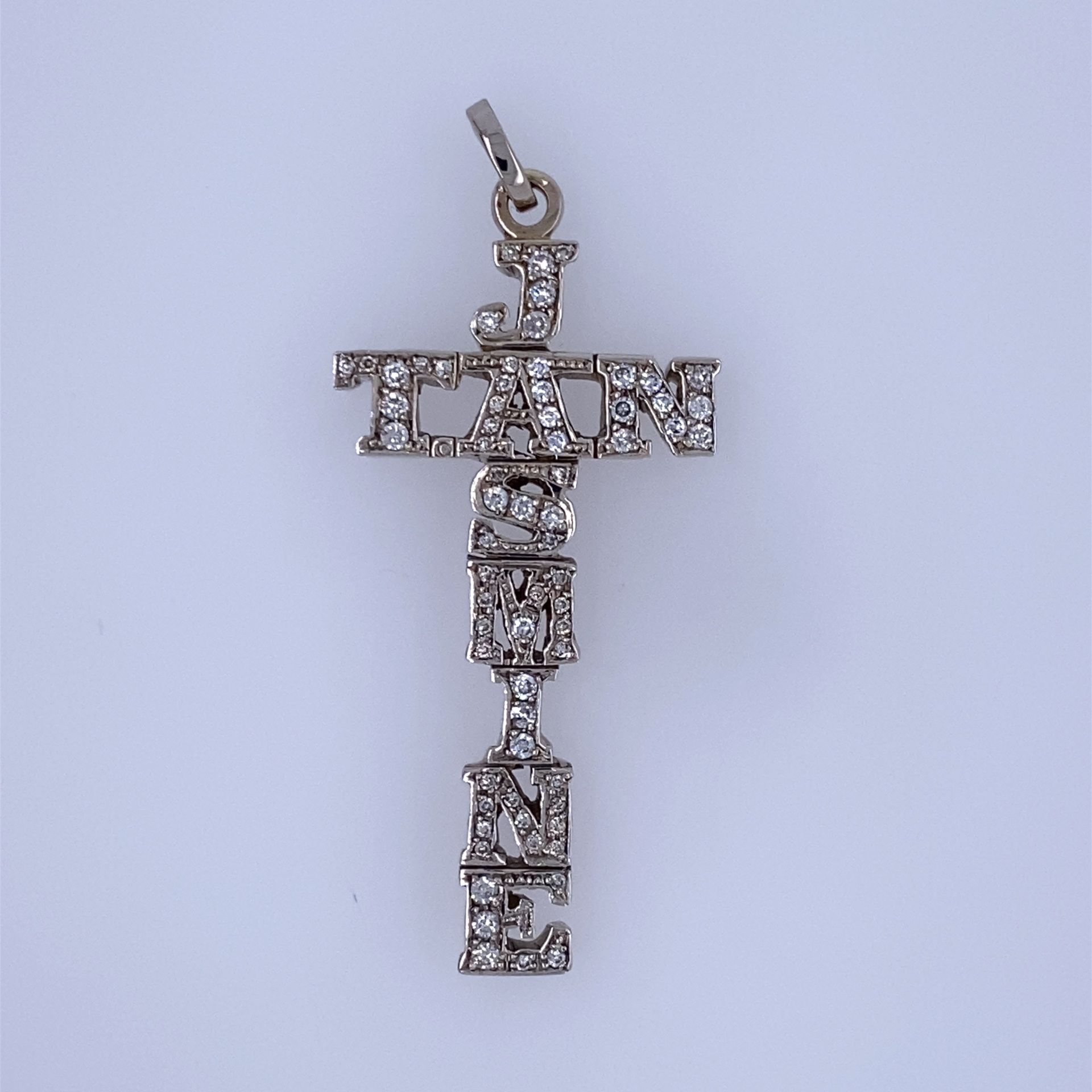 14k White Gold Lettering Design Cross Pendant Written “Jasmine/Tan”