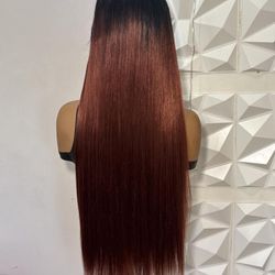 Burgundy and black human hair front lace wig adjustable size