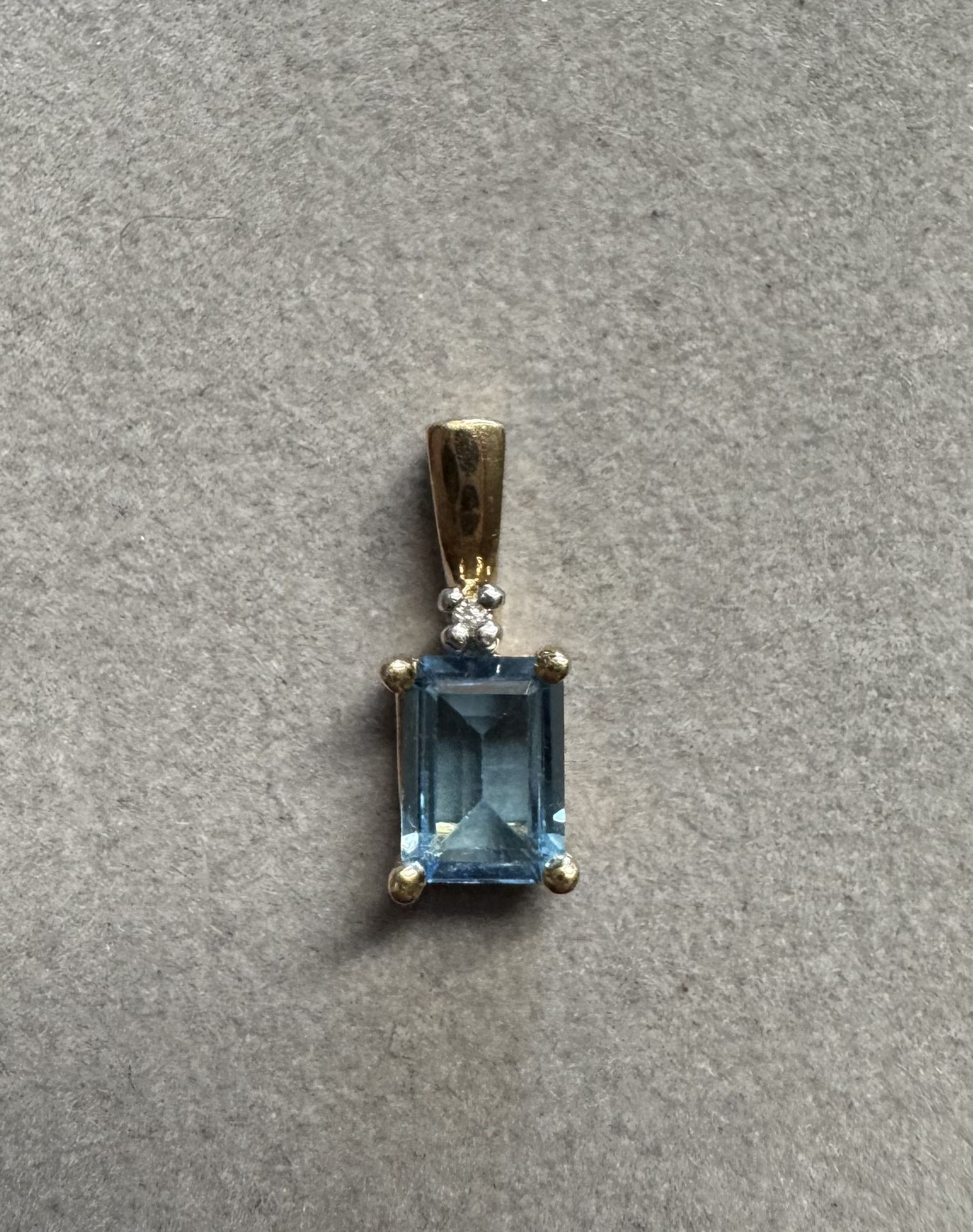 10K Solid Gold Emerald Cut Blue Topaz & Diamond Accented Pendant 1g