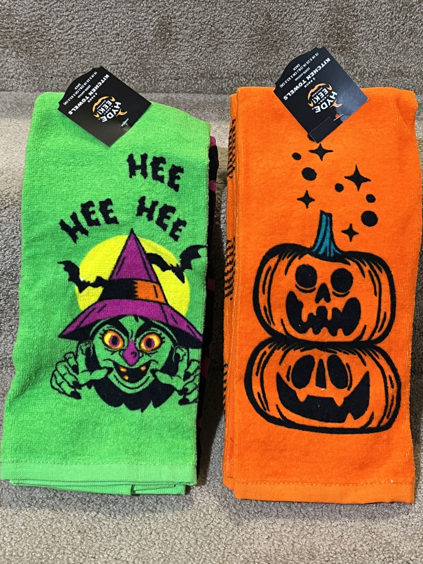 4 Pk Halloween Witch Pumpkin Cackling Kitchen Towels Hee Hee Hyde & Eek