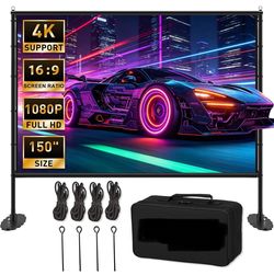 150 inch Projector Screen with Stand, 16:9 4K HD Portable Outdoor Movie Screen, Wrinkle-Free Foldable Indoor Projection Screen with Carry Bag & Ground