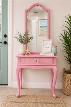 Pink Entryway Table / Vanity with Mirror