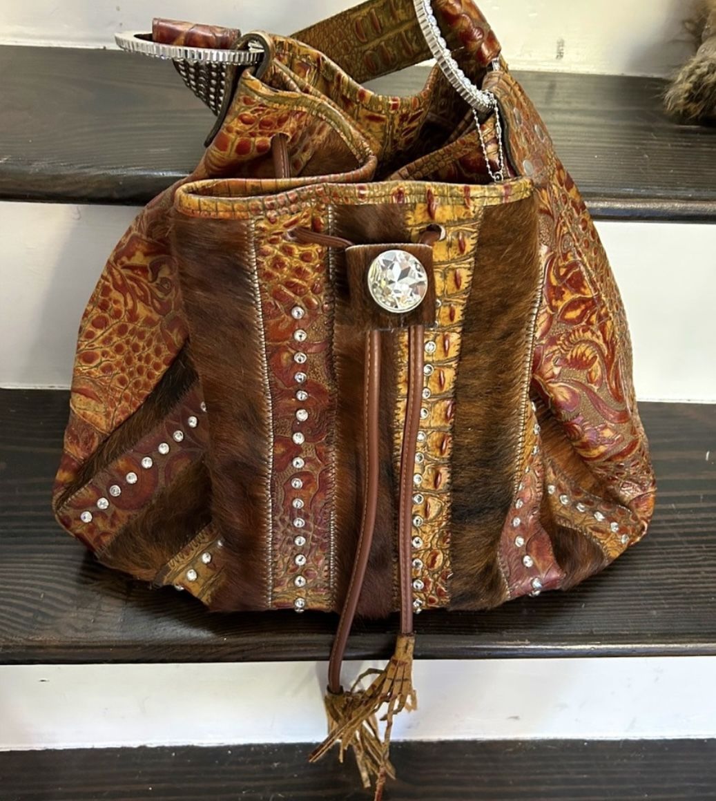 Western Swarovski Crystal Fur & Reptile Bucket Bag – Rare Raviani Y2K