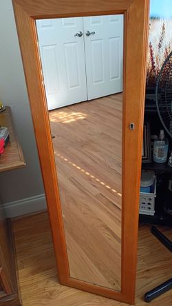 Vintage Oak Full-Length Mirror Jewelry Armoire (Locking Cabinet
