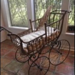 Antique Wire Wheeled And Wicker Carriage