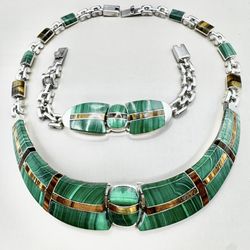 Heavy .950 Sterling Mexico Malachite & Tiger’s Eye Necklace And Bracelet Set