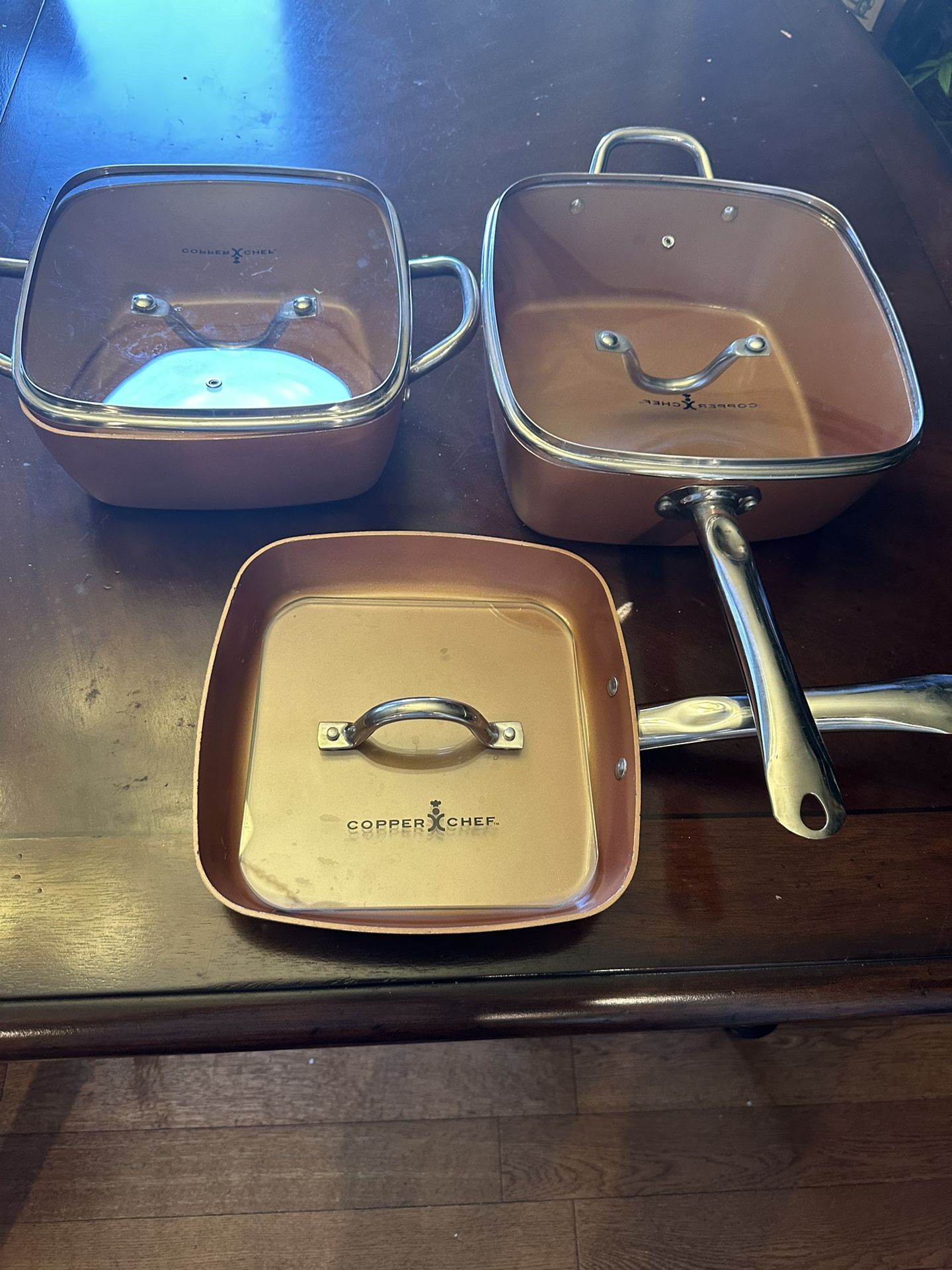Copper Chef Pans W/ Lids & Press