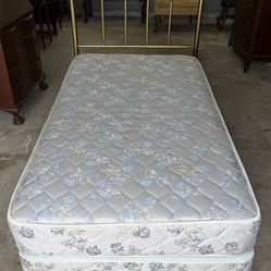 New Twin Mattress with Box Spring, Frame & Brass Headboard