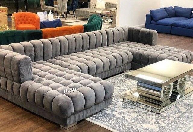 Brand New/ Gray Velvet Double Chaise Sectional, Seccional, Couch