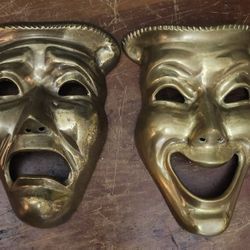 Vintage 2 Brass Comedy Mask Mid Century Wall Hangings 7" tall by 5" wide Solid Brass Mardi Gras Decoration