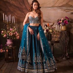 Lashkaraa | Royal Blue Embroidered Velvet Corset-Style Lehenga