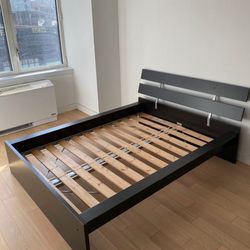 Brown wood IKEA, full-size platform bedframe