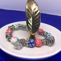 Vintage Hamsa Hand And Evil Eye Multicolor And Rhinestone Beads Stretch Bracelet 