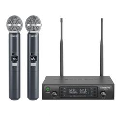 Phenyx Pro Wireless Microphone System, Dual Wireless Mics,w/ 2 Handhelds, Auto Scan, 2x100 UHF Frequencies, 328ft Range, Dynamic Microphone for Singin