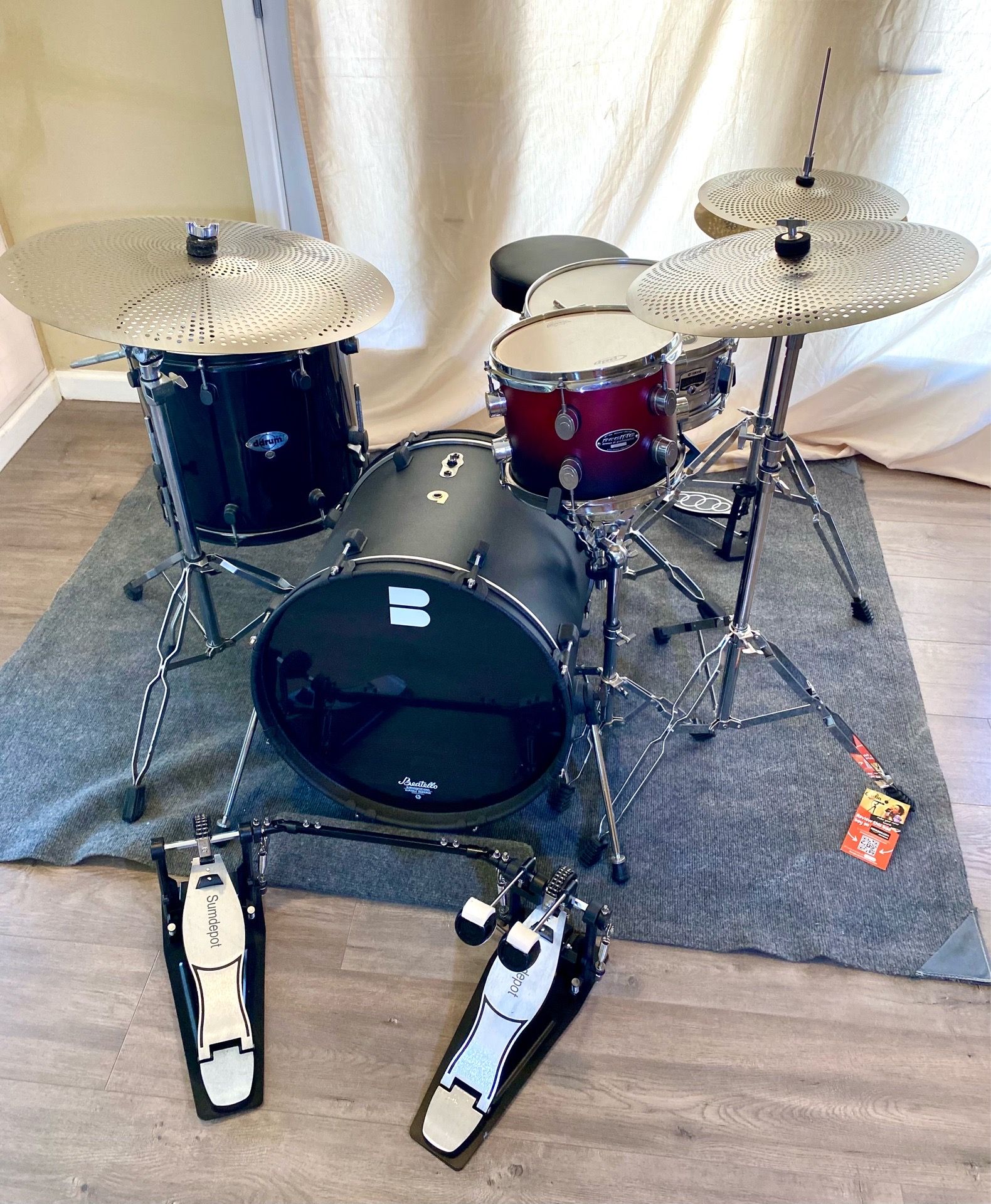 In Upland 91784. Compact Complete Drum Set Adult Of Child new quiet cymbals new double pedal stands $350 Cash 2401 N. Euclid Ave. Upland 91784
