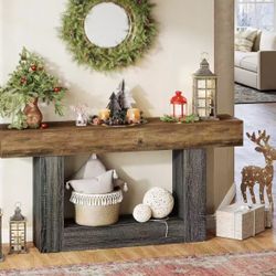 RY0240 63-Inch Long Console Table, 2-Tier Entryway Table Sofa Table with Storage, Farmhouse Wood Behind Couch Tables for Living Room, Hallway, Rustic 