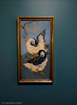 vintage needlepoint picture from the 1960s or 1970s featuring two swans under glass 8.5"×17.5"