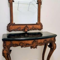 Antique Marble Top Table and Mirror with Chair