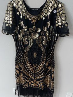 Black Gold Sequin Fringe Flapper Dress 2X